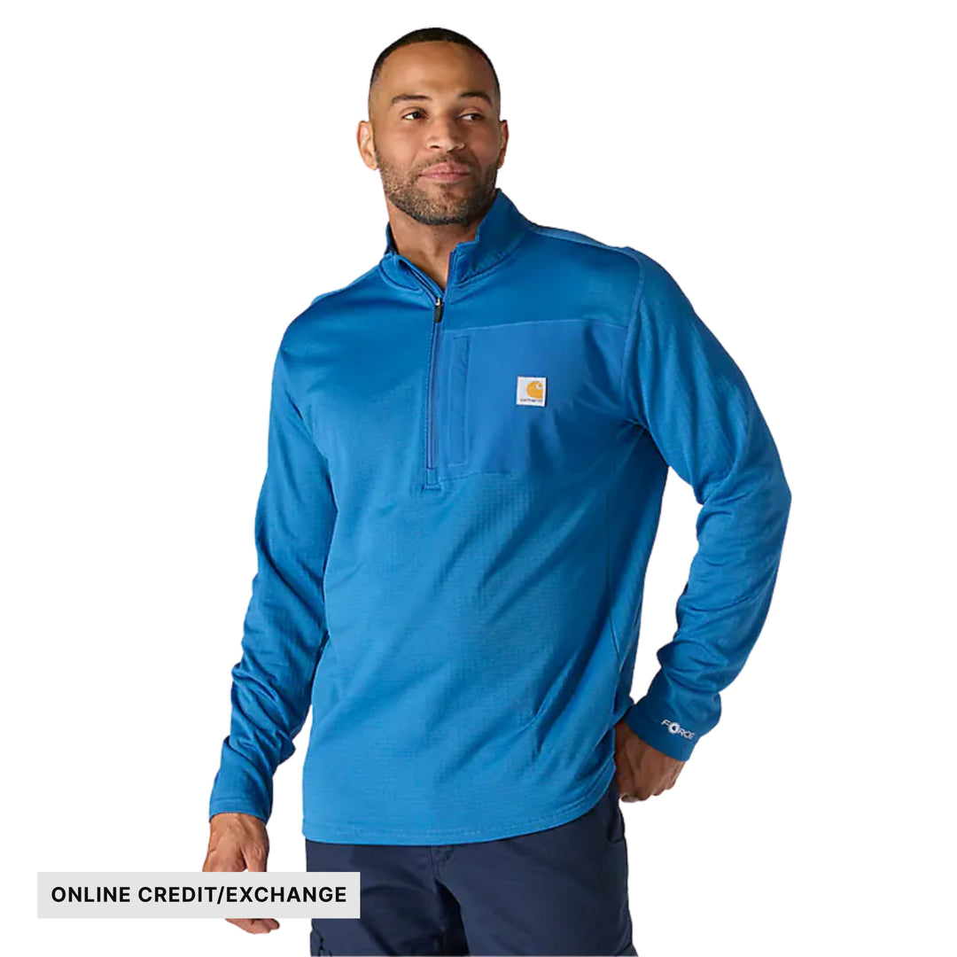 Blue long-sleeve quarter-zip mock neck shirt with chest pocket and small logo patch