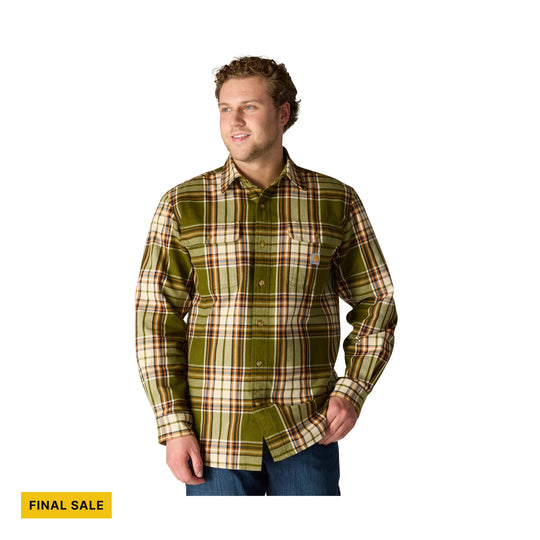 Green plaid long-sleeve button-up shirt with chest pockets and a visible FINAL SALE tag