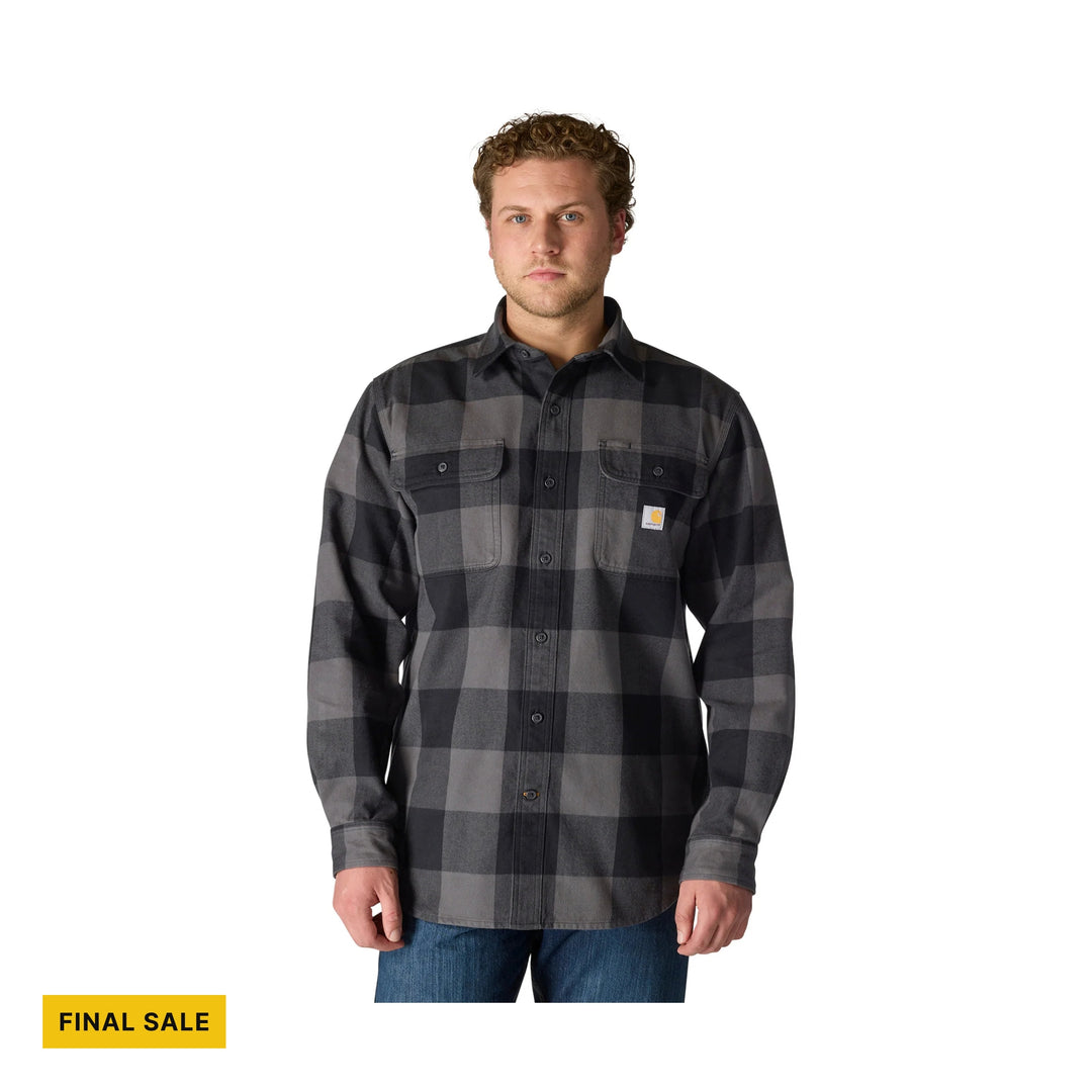 Black and gray plaid long-sleeve button-up shirt with chest pockets and a final sale tag