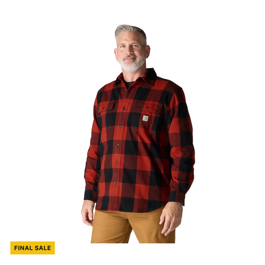 Red and black plaid button-up shirt with chest pockets on a model