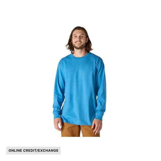 Blue long-sleeve crewneck shirt on a model with ONLINE CREDIT/EXCHANGE text