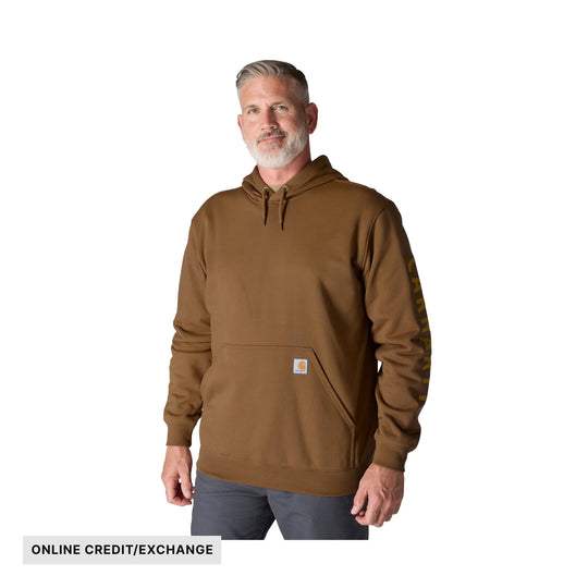Brown pullover hoodie with kangaroo pocket and sleeve text, shown on a model.