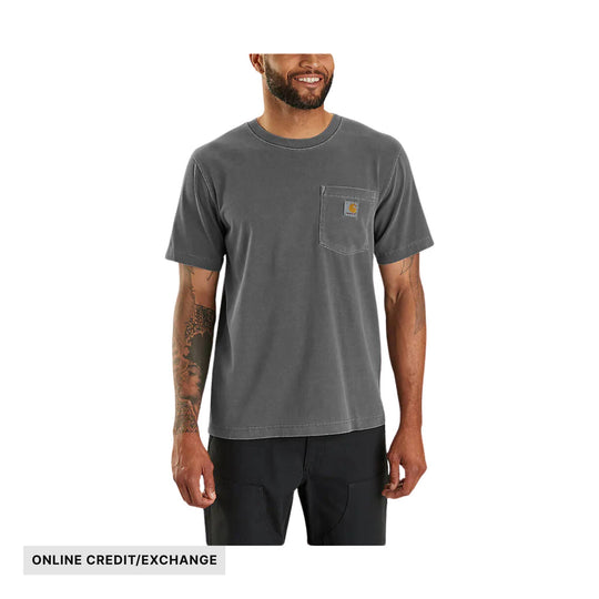 Gray short-sleeve pocket T-shirt with a small chest logo patch and visible ONLINE CREDIT/EXCHANGE text
