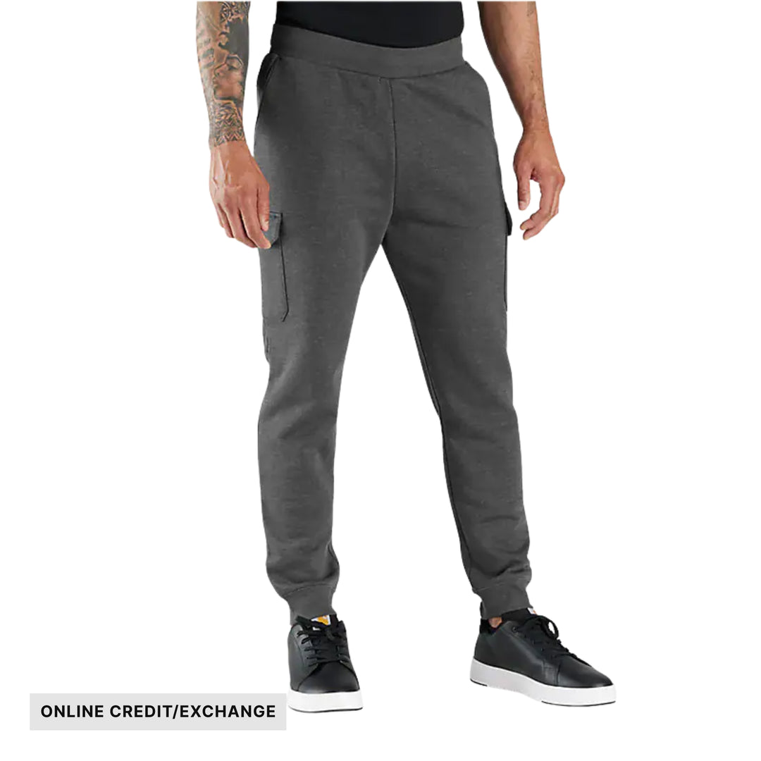 Charcoal jogger sweatpants with cuffed ankles and side pockets, with "ONLINE CREDIT/EXCHANGE" text