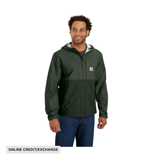 Green hooded zip-up jacket on a model with a small chest logo and visible front pocket
