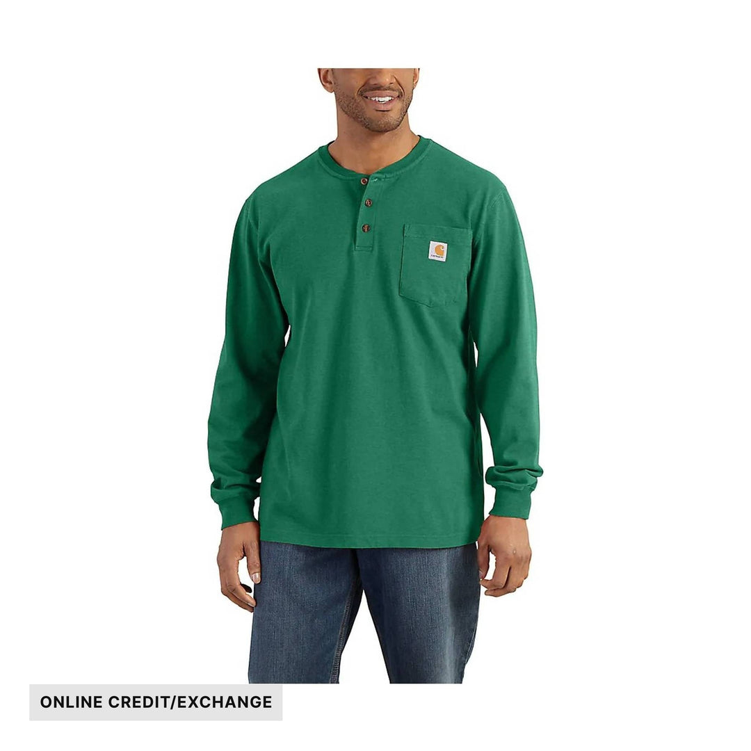 Green long-sleeve henley shirt with chest pocket and visible ONLINE CREDIT/EXCHANGE banner