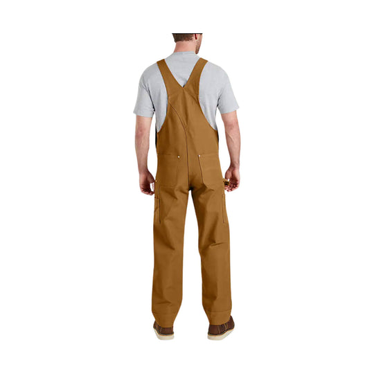 Brown bib overalls shown from the back with adjustable shoulder straps and cargo pockets.