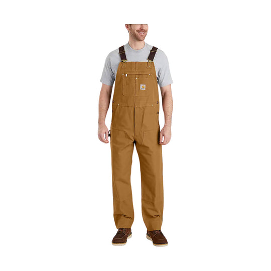Brown bib overalls with adjustable suspenders and front chest pocket, worn over a gray T-shirt