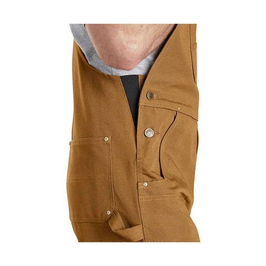 Brown duck canvas bib overalls with front pockets and snap closures