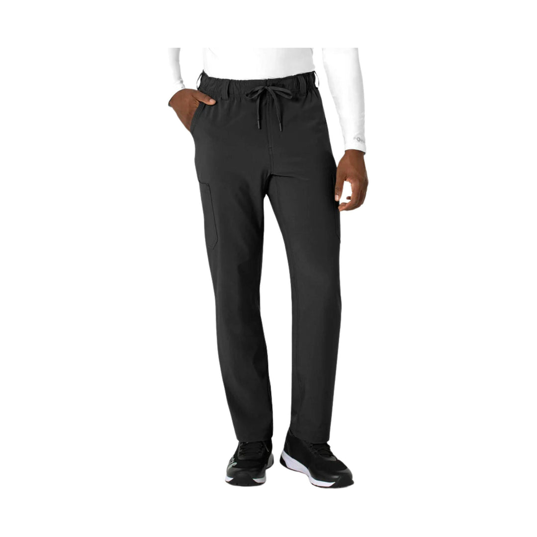 Black straight-leg pants with an elastic drawstring waist and cargo pockets
