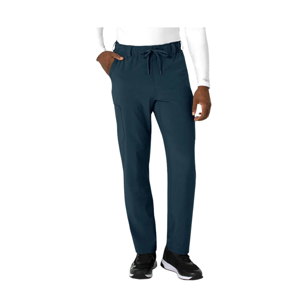 Dark blue straight-leg scrub pants with a drawstring waist and side pockets