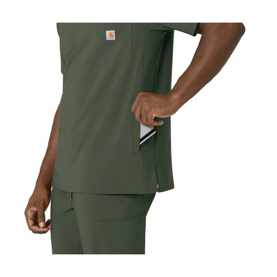Olive green short-sleeve scrub top with a chest pocket and side slits, shown with matching scrub pants.