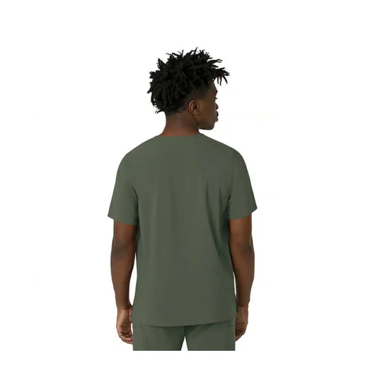 Olive green short-sleeve scrub top shown from the back.