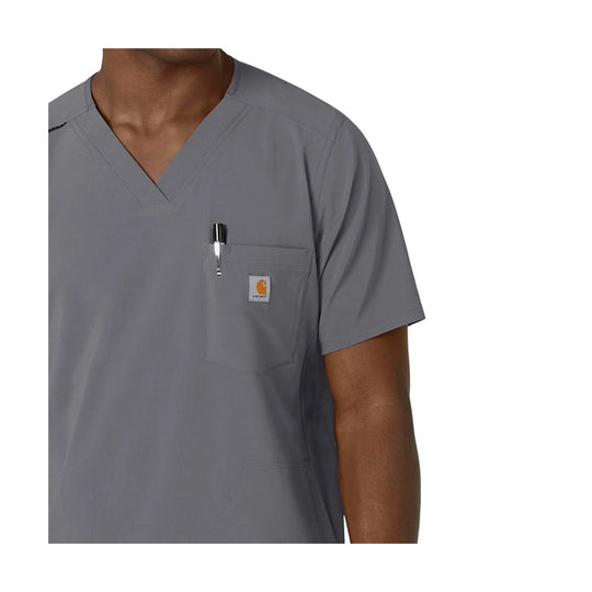 Gray V-neck scrub top with chest pocket and pen slot