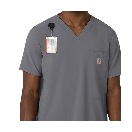 Gray V-neck scrub top with short sleeves, chest pocket, and hanging product tag