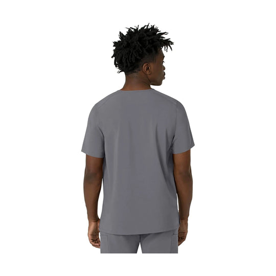 Gray short-sleeve V-neck scrub top shown from the back