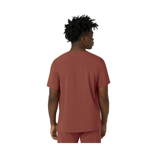 Rust-colored short-sleeve V-neck scrub top shown from the back