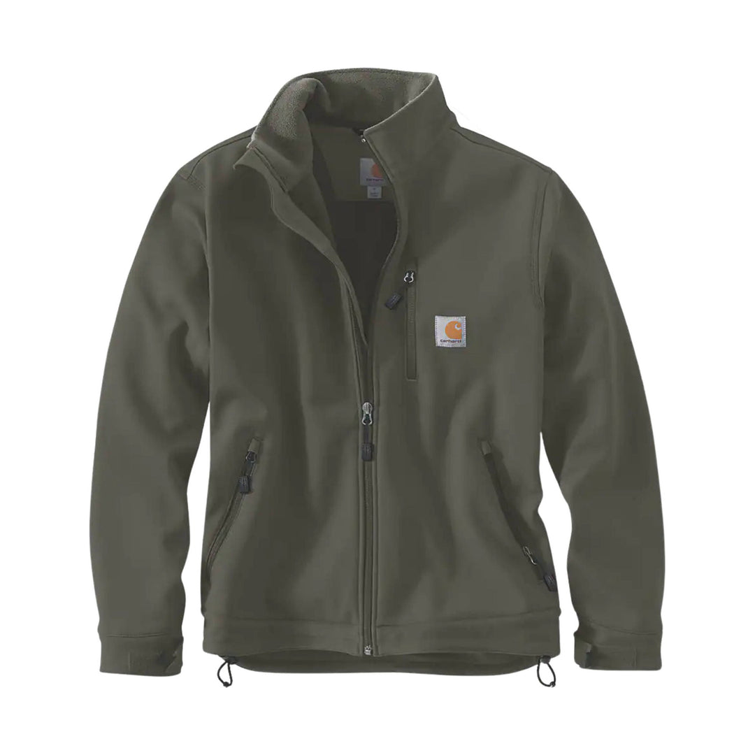 Olive green full-zip jacket with stand collar, chest logo patch, and multiple zip pockets