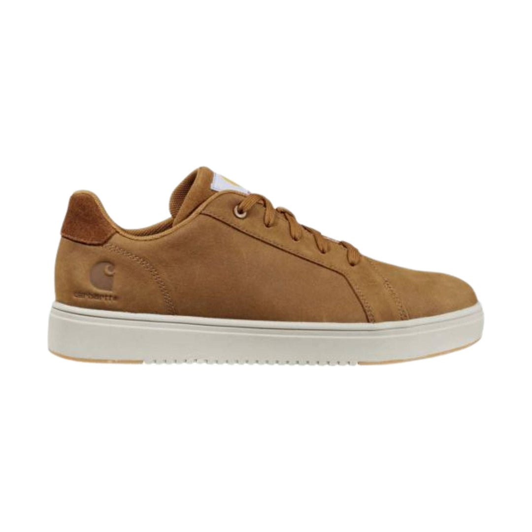 Brown low-top sneaker with tan laces, white sole, and side logo