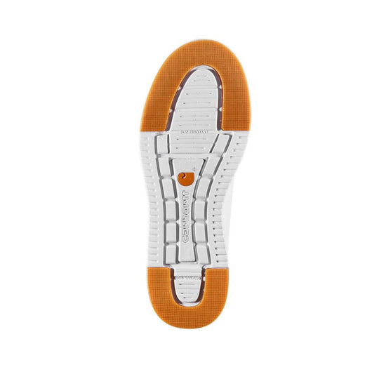 White shoe outsole with orange tread pads, Carhartt branding, and skid-resistant markings