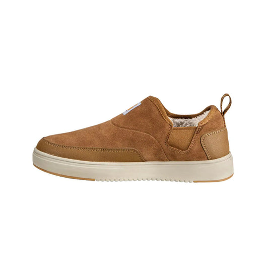 Brown slip-on shoe with suede upper, sherpa lining, and off-white sole