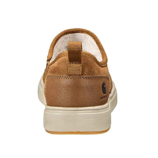 Back view of a brown suede slip-on shoe with cream sole and pull tab