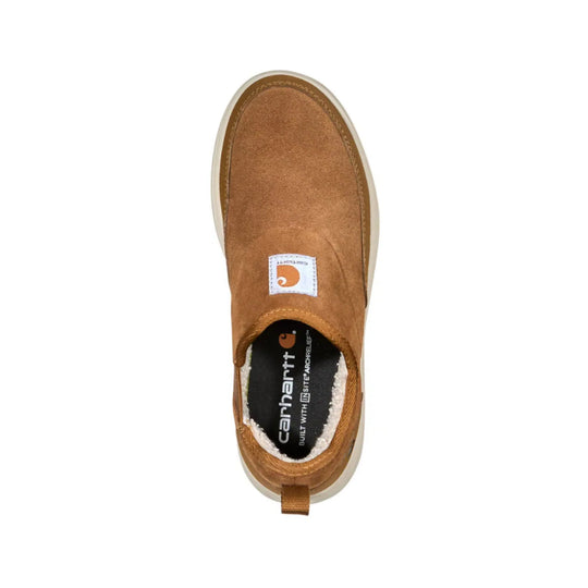 Brown suede slip-on shoe with white sole and Carhartt label on top