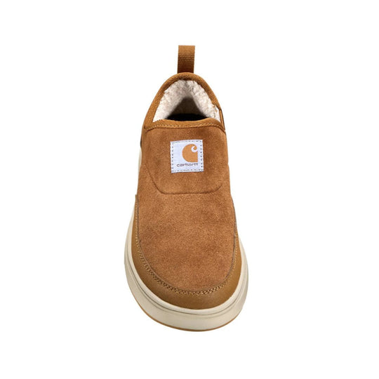 Brown slip-on shoe with a suede upper, fleece lining, and a front logo patch