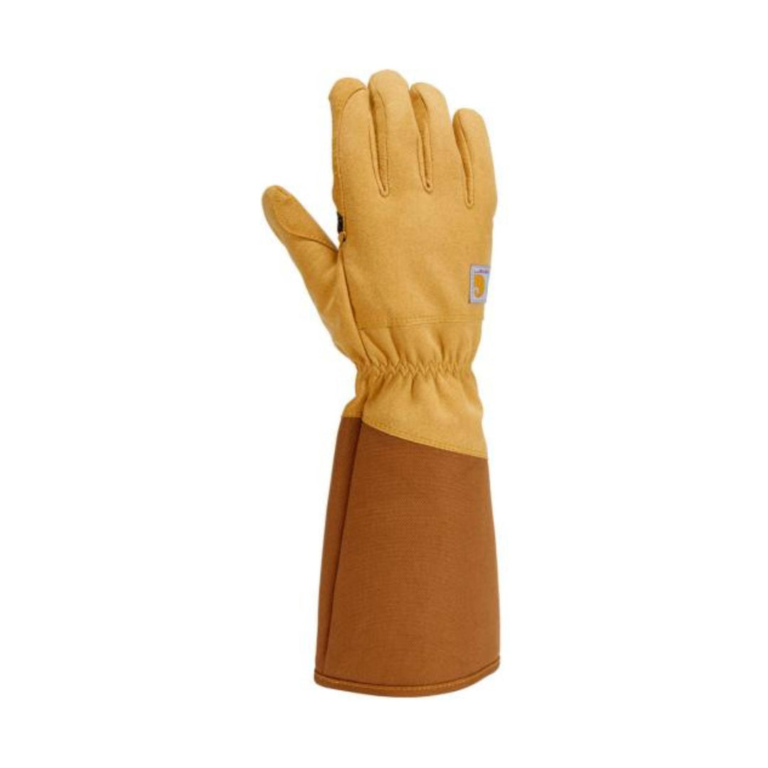 Tan leather work glove with a long brown gauntlet cuff