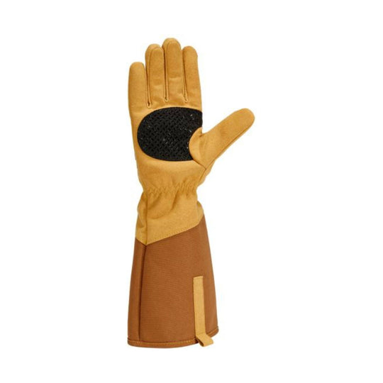 Tan work glove with black textured palm patch and extended gauntlet cuff