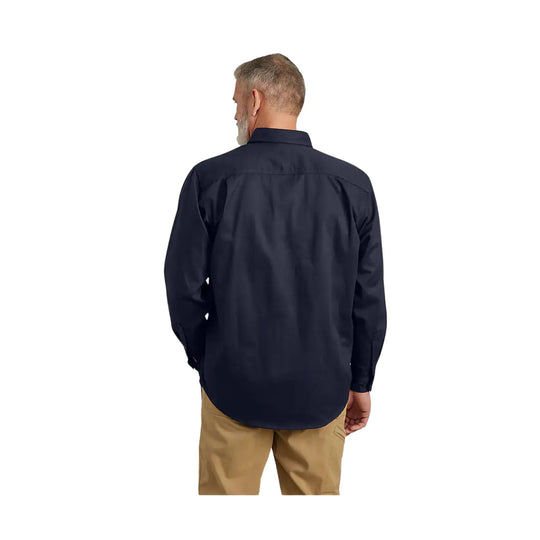 Back view of a dark navy long-sleeve button-up shirt on a male model