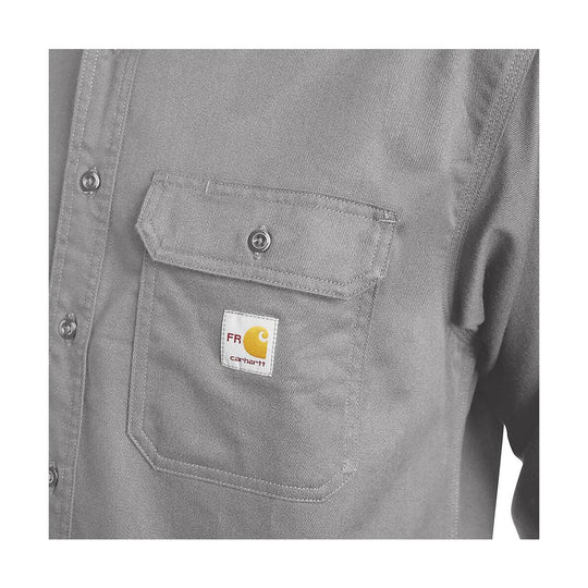 Gray long-sleeve work shirt with flap chest pockets and a visible FR Carhartt patch