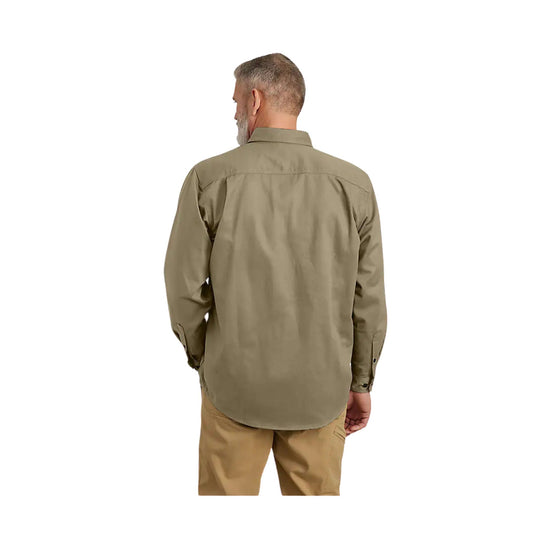 Khaki long-sleeve button-up shirt shown from the back on a model
