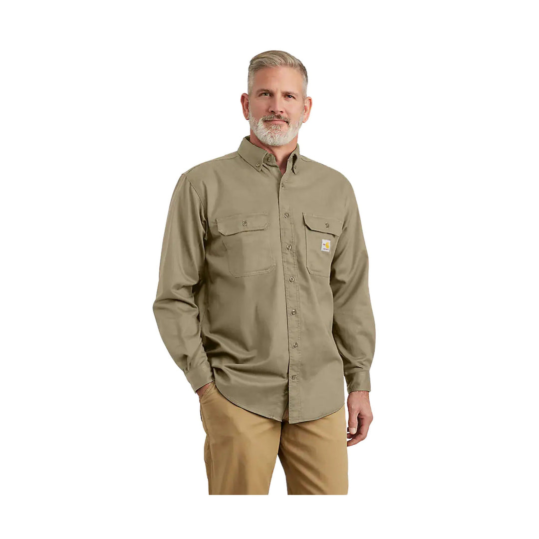 Khaki long-sleeve button-up work shirt with two chest pockets and a small chest logo patch