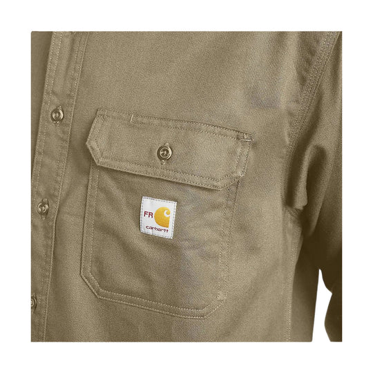 Khaki button-up work shirt with snap flap chest pockets and a Carhartt FR patch