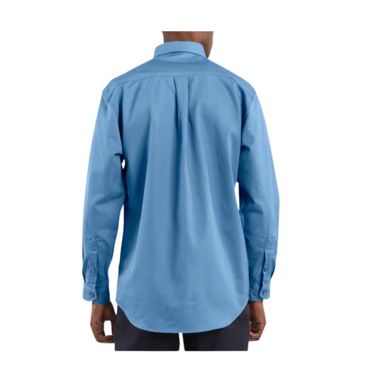 Light blue long-sleeve button-up shirt shown from the back