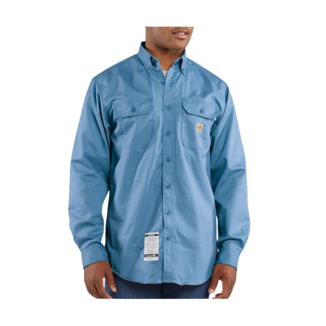 Light blue long-sleeve button-up work shirt with two chest pockets and a visible Carhartt tag.