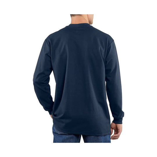 Person wearing a navy long-sleeve shirt on a white background