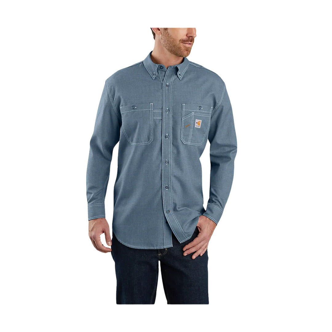 Long-sleeve blue-gray button-front work shirt with two chest pockets and a small logo patch