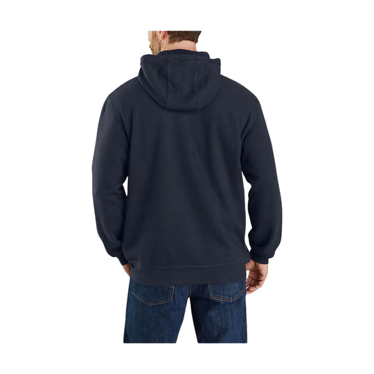 Navy hooded zip-front sweatshirt shown from the back