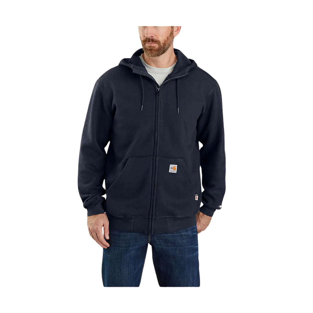 Dark navy zip-front hooded sweatshirt with kangaroo pockets and small chest logo patch, front view