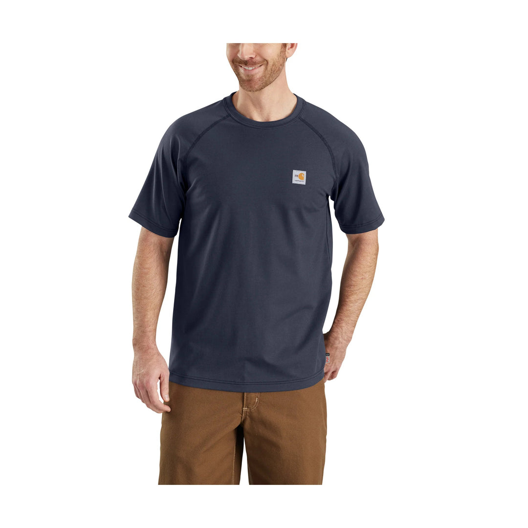 Dark navy short-sleeve performance T-shirt with small chest logo