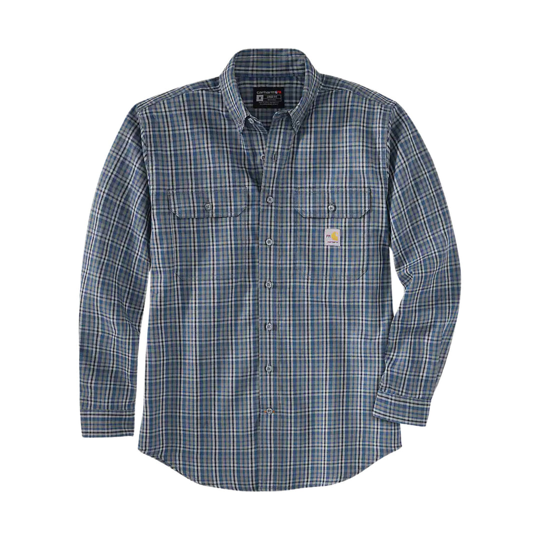 Blue and gray plaid long-sleeve button-up shirt with chest pockets and collar