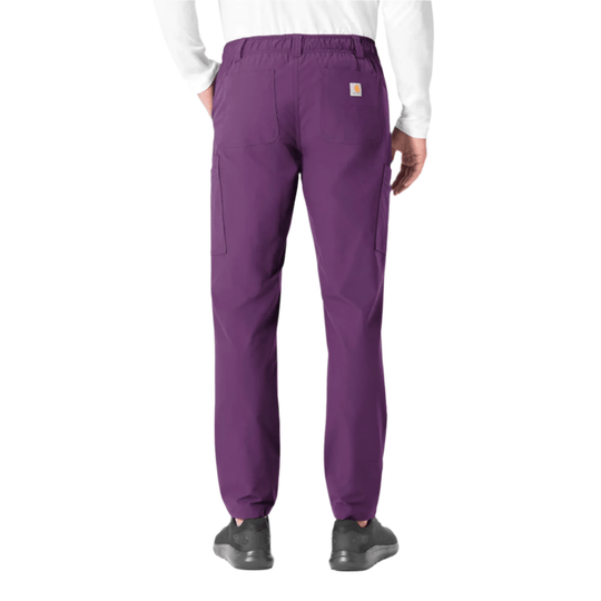 Purple straight-leg scrub pants with cargo pockets, back view