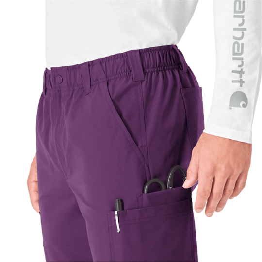 Purple straight-leg cargo scrub pants with elastic waistband and side pockets