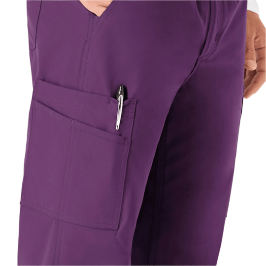 Purple cargo scrub pants with large thigh pocket and pen slot