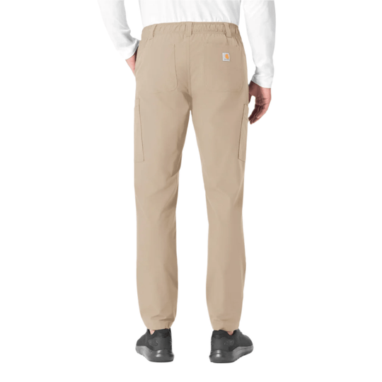 Beige straight-leg cargo scrub pants with an elastic waistband and side pockets, back view