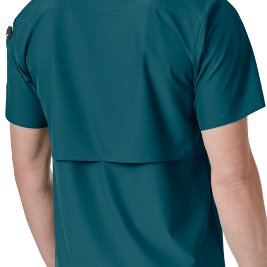 Teal short-sleeve scrub top shown from the back, with chest pocket detail visible at the side