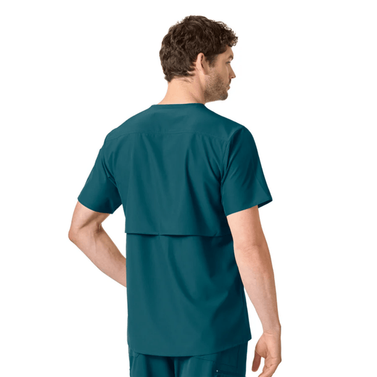 Teal short-sleeve scrub top shown from the back