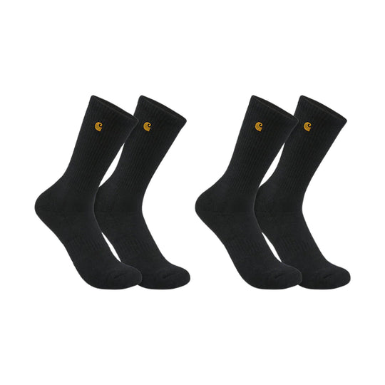 Black crew socks with a small yellow logo near the cuff